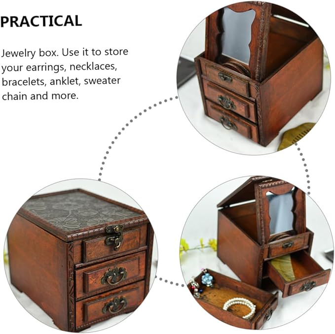 Mobestech Vintage Chinese Jewelry Box with Mirror Elegant Wooden Jewelry Organizer for Women Storage for Earrings Necklaces and Special Occasions