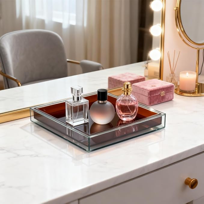 10"x10" Brown Acrylic Tray, Decorative Bathroom Vanity Counter Tray for Perfume, Candle, Soap, Coffee Table & Kitchen – Square Acrylic Organizer for Sink, Entryway Table, Dresser Home Decor