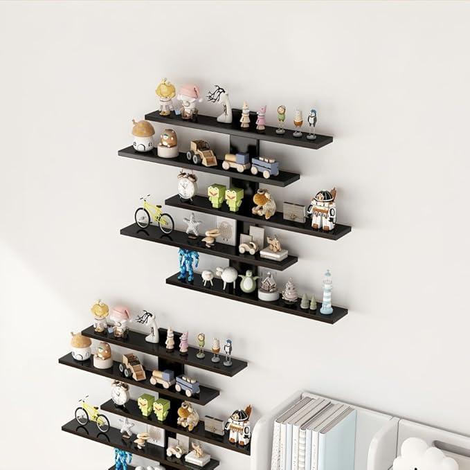 5-Tier Floating Wall Mounted Shelves, Wall Display Storage Shelf for Anime Figurines, Dolls, Plants & Statues, Decorative Organizer for Bedroom, Living Room, Study Room,Office（Black）