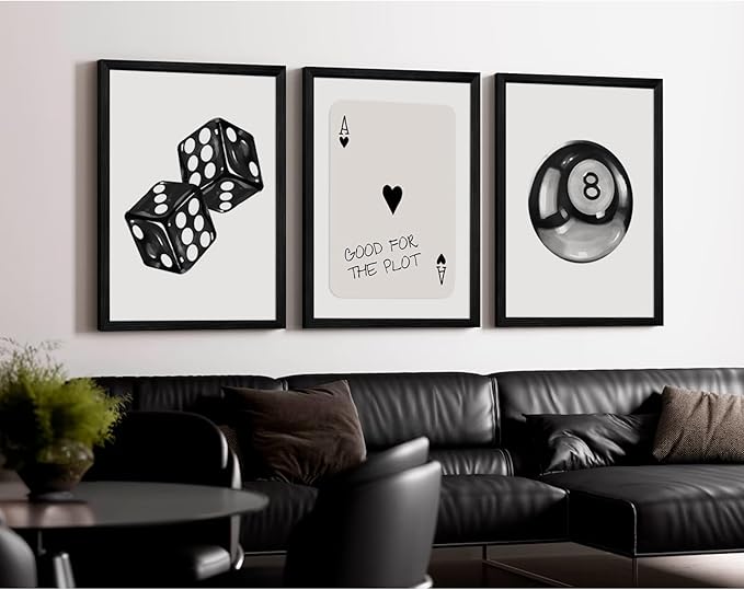Black White Aesthetic Wall Art Decor 8 Ball Canvas Poster Y2k Cool Dice Pictures Black White Room Decor Trendy Poker Poster Prints Retro Painting Artwork for Apartment Dorm 12x16 Inch Wood Framed 3Pcs