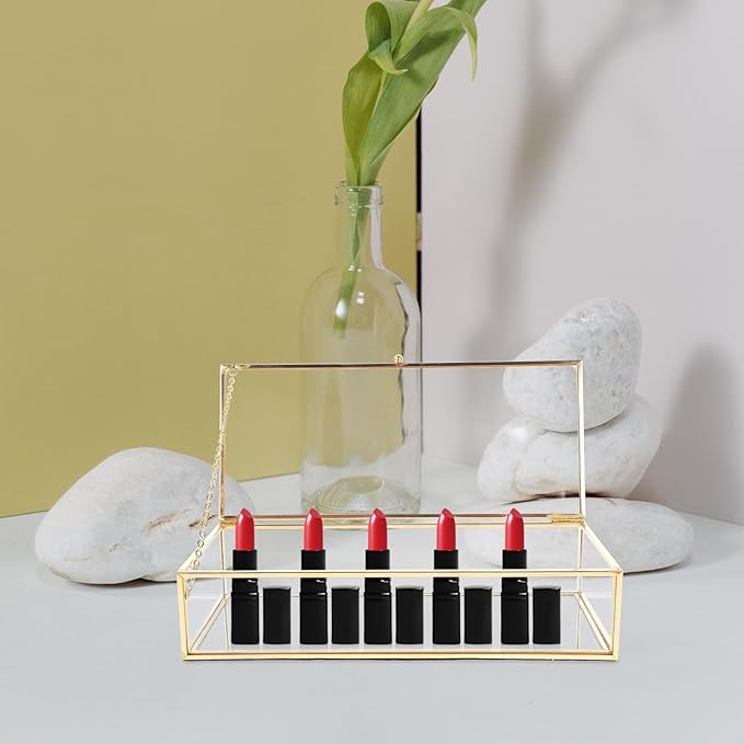 Lidded Glass Jewelry Box with Metal Frame 23x10x5.5cm Cosmetic Organizer Case for Lipstick Perfume Home Storage