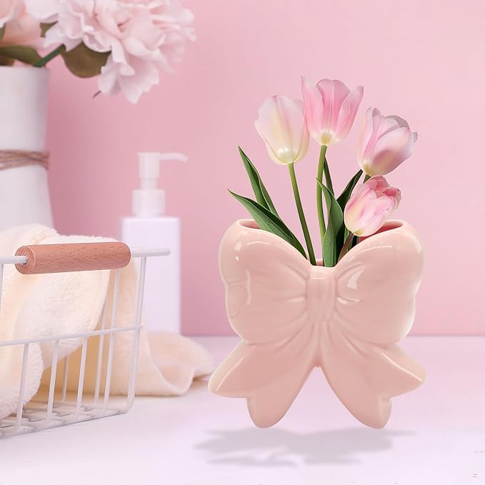 Coquette Vase Bow Ceramic Pen Holder Makeup Brush Holder, Contemporary Design Decorative Women Gifts for Home Office Shelf Table Living Room Classic Pink