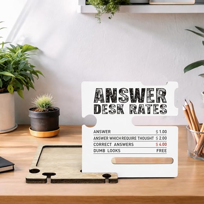 Funny Office Gifts for Coworkers Boss Employee - Multi-functional Desk Organizer - Humorous Answer Desk Rates Office Quote Wooden Sign for Office Desk Shelf Decor
