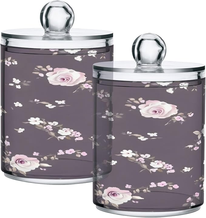 Nander 4Pack Retro Purple Rose Qtip Holder Dispenser -Clear Plastic Apothecary Jars Set - Restroom Bathroom Makeup Organizers Containers for Cotton Swab, Ball, Pads, Floss