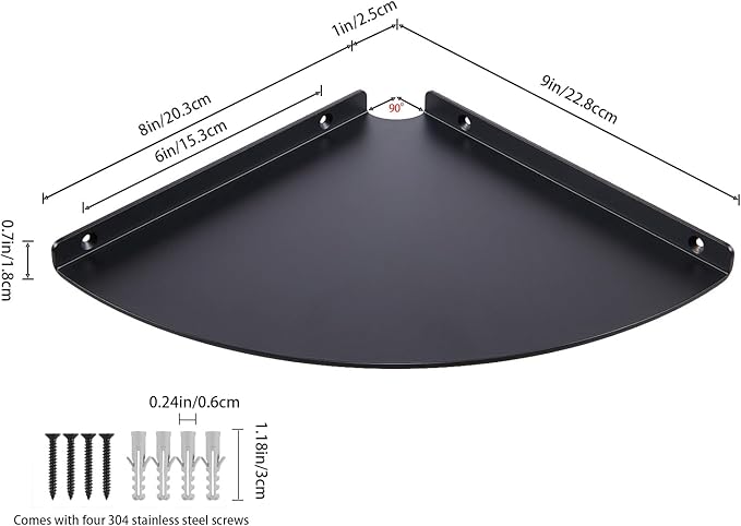Corner Shelf, 3.0mm Aluminum Alloy Corner Shelf wall Mounted, for Offices, Bedrooms, Kitchens, Bathrooms, Dorm Rooms and Living Rooms(9 in Black)