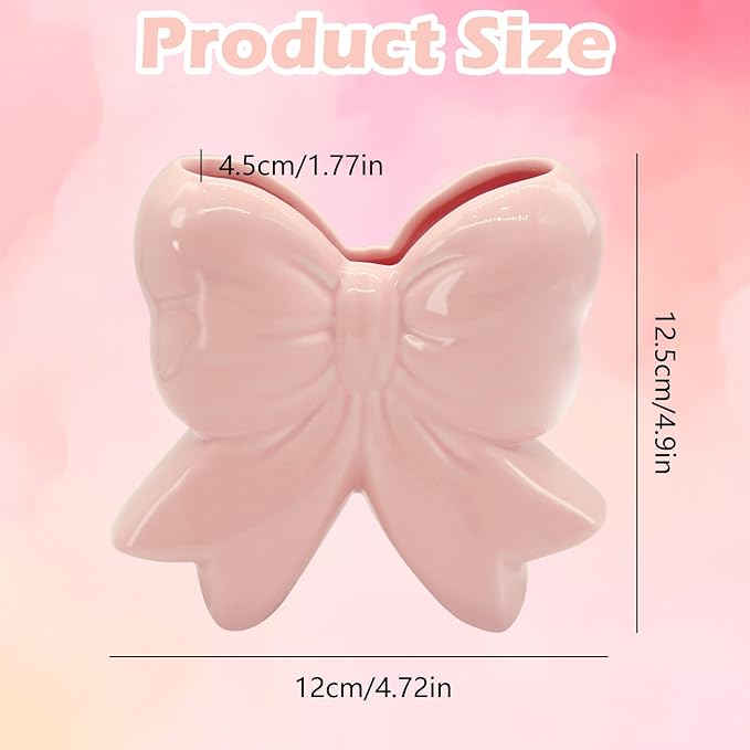 Coquette Vase Bow Ceramic Pen Holder Makeup Brush Holder, Contemporary Design Decorative Women Gifts for Home Office Shelf Table Living Room Classic Pink