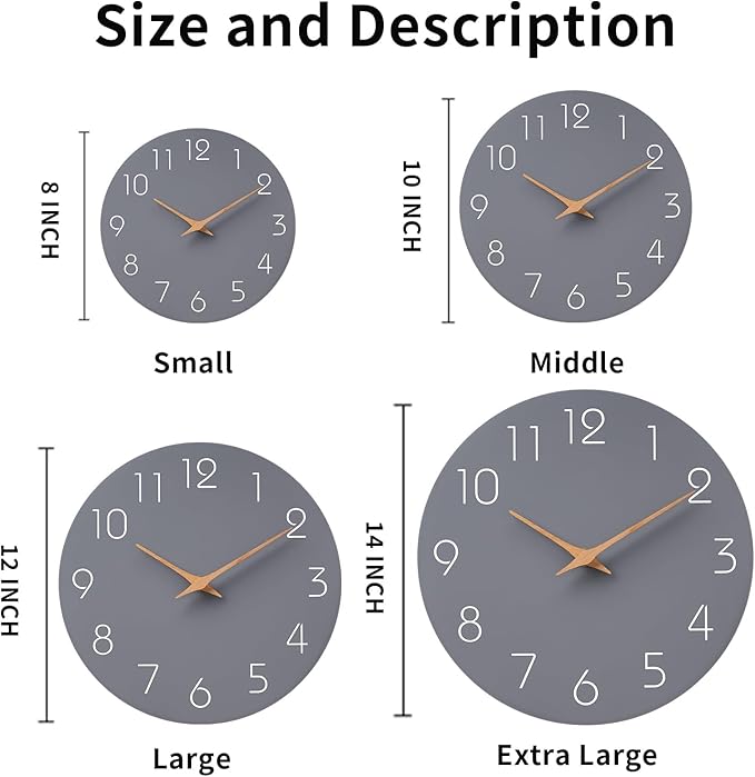 Mosewa Wall Clock Silent Non Ticking Decorative for Kitchen Bedroom Bathroom Office Living Room Battery Operated 10 Inch Gray Modern