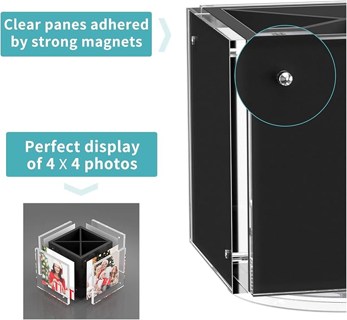 HIIMIEI Acrylic Picture Frames for Desk, 4-side Magnetic Photo Cube Pen Holder 4"x 4", 360° Rotating Desktop Organizer for Pencil, Makeup Brushes, Home, Office (Black)
