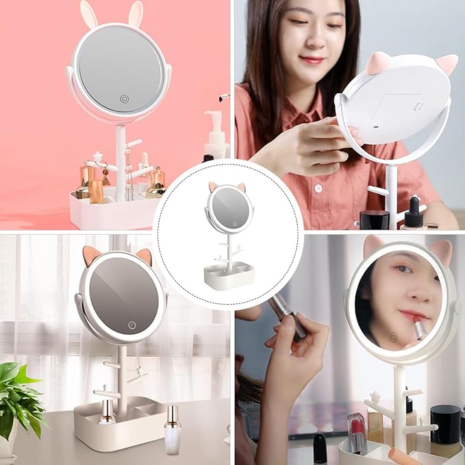 LED Makeup Mirror with Storage Box, Dimmable Rechargeable Tabletop Vanity Mirror with Desktop Organizer, Small Size Creative Cat Design for Makeup Supplies and Dressing Table Use