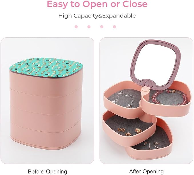 4-Layer Rotatable Jewelry Accessory Storage Tray Shiba Inu Coffee Print Dog And Coffees Travel Jewelry Case Earring Holder with Mirror