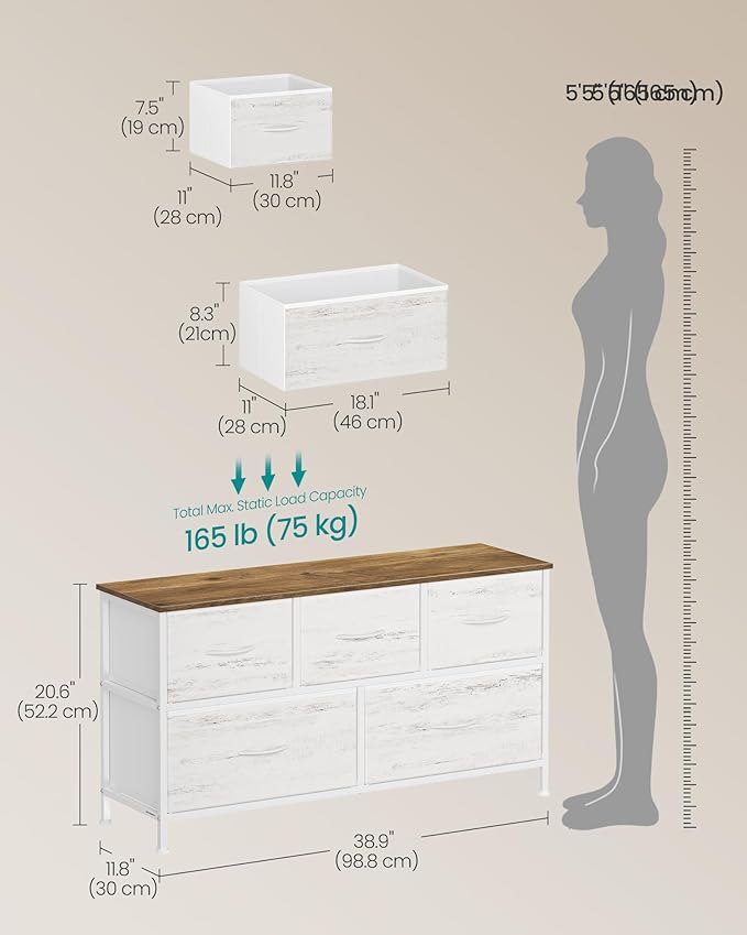 SONGMICS BELLAH Collection - Dresser for Bedroom, Chest of Drawers, Storage Organizer Unit, Closet, Entryway, Steel, 5 Drawers, Farmhouse, Rustic White and Honey Brown ULGS322WJ02S