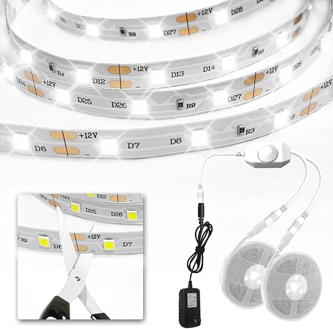 VOLIVO White LED Strip, 32.8ft Dimmable LED Strip 6500K Bright Daylight White, Strong Adhesive, Flexible Tape Light for Mirror, Kitchen Cabinets, Bedroom