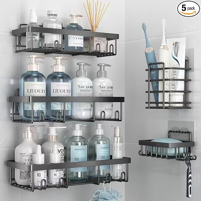 Liuoud 5 Pack Shower Caddy Organizer Rack Shelf for Inside Shower, Self Adhesive Bathroom Wall Storage Basket Rustproof Stainless Steel Large Capacity Shampoo Holder, Dark Grey