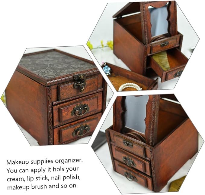 Mobestech Vintage Chinese Jewelry Box with Mirror Elegant Wooden Jewelry Organizer for Women Storage for Earrings Necklaces and Special Occasions
