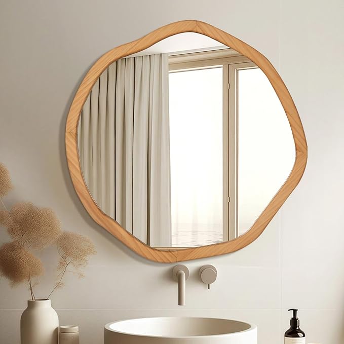 ULIKE Round Wood Mirror, 24 Inch Irregular Circle Vanity Wall Mirror with Wooden Frame, Rustic Decorative Wall Mount for Bathroom Bedroom Living Room Entryway, Natural