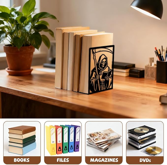 Peacoblue Metal Bookends for Shelves, Modern Decorative Heavy Duty Study Book Ends Stoppers for Office Desk Shelf Room 5.3"x4.3"x7.9" Cast Iron Bookends 1 Pair (Grim Reaper Reading Book with Sickle)
