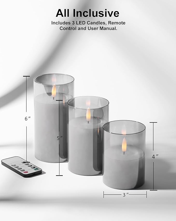 Stmarry Glass Flameless Candles with Remote and Timer, Flickering Real Wax LED Pillar Candles Battery Operated with 3D Flickering Flame - 3" x 4",5",6" - Set of 3 (Gray)