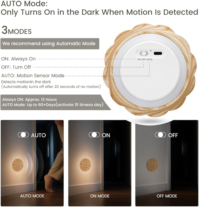 Motion Sensor Night Light Wooden Carved Flower Mini USB Rechargeable Stick-On Step Lights Magnetic Wall Lights for Hallway Bedroom Living Room Stair (2 Pack Ash Wood)