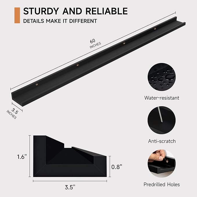 Fun Memories Picture Ledge Shelf, 60 Inch Floating Shelves Set of 2, Large Nursery Book Shelves for Toys Storage, Kids Bookshelf Wall Mounted for Wall Decor Books Photo Frames, Black