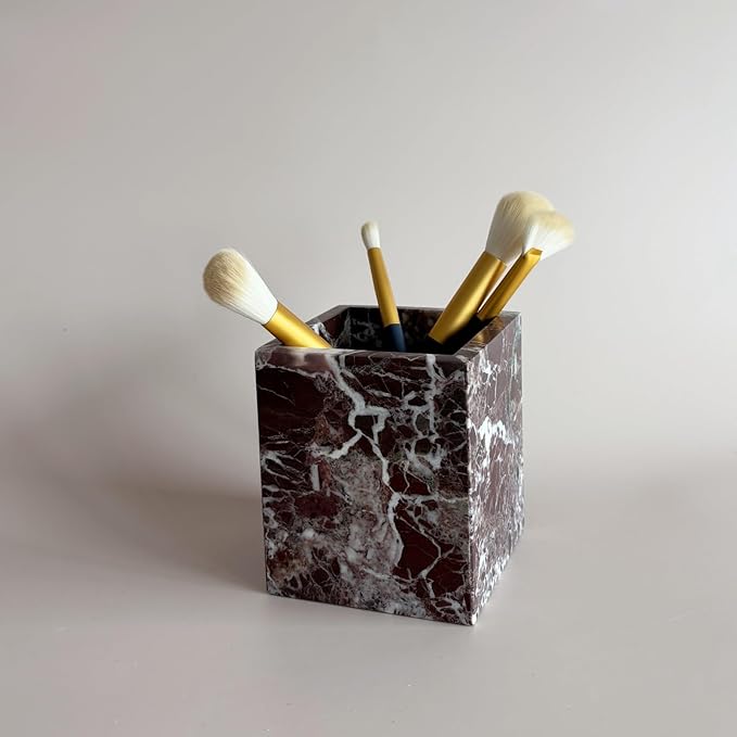 Natural Marble Stone Square Storage Container Empty Vessel Holder Cup for Candle/Pens/Sundries items (Rosa Levanto)