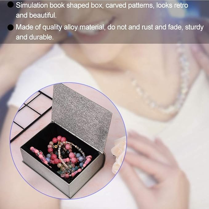 Simulation Book Shaped Jewelry Storage Box, Retro Carved Patterns Tin Alloy Decorative Organizer, Cosmetic Tools Organizer with Soft Flannelette Inside, Ideal for Necklace & Home