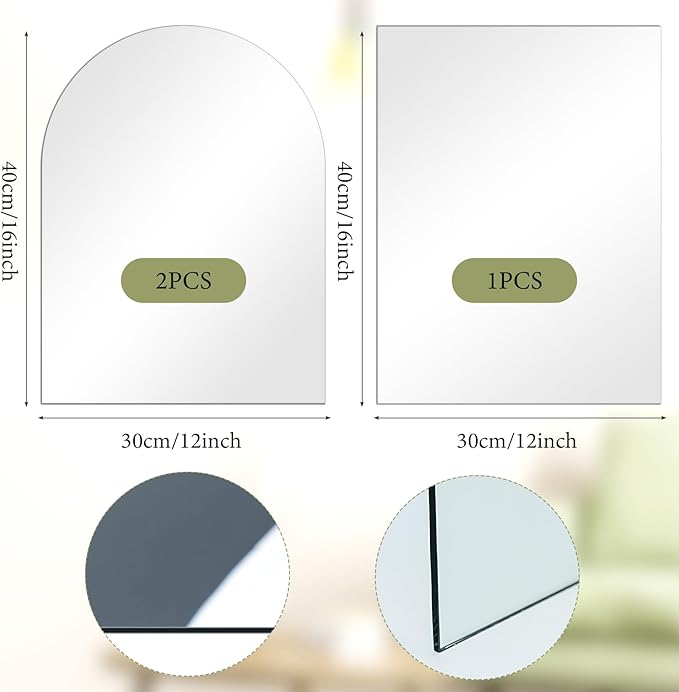 3 PCS Full Length Mirror Wall Mounted 16 x 12 Inch Arched Mirror Full Length for Wall Frameless Self Adhesive Glass Full Body Mirrors for Bathroom,Entryway,Living Room