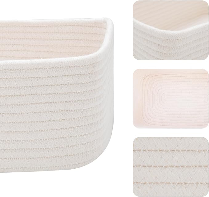 MiniArk Small Storage Baskets for Organizing | Closet Organizer Bins | Shelf Toy Basket | Woven Rope Baskets | Cube Decorative Box | Shallow Basket | 11.5x7.5x4.7” | 4 Packs Off White