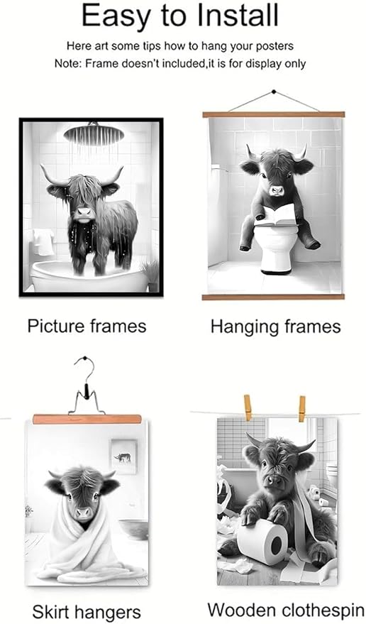Western Cow Bathroom Decor Wall Art,Funny Highland Cow Wall Art in Restroom,Black and White Wall Decor,Highland Cow Canvas Art Prints,Rustic Retro Bathroom Wall Decor Humor Animals Artwork Prints,11x14inchx4pcs,Unframed