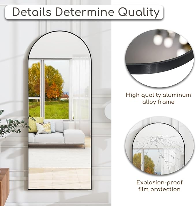 Dewfig Arched Full Length Mirror, 64"x21" Gold Mirror with Stand, Full Body Mirrors for Leaning Against or Wall Mounted, Large Floor Mirrors for Bedroom, Living Room, Black