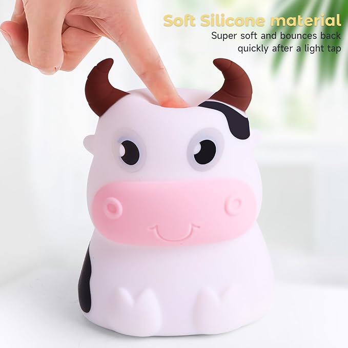 AVEKI Night Light for Kids, Portable Tap Control Rechargeable Nightlight Lamp, Color Changing, Silicone Cute Muti Color Cow Night Lamp Bedroom Decor for Infant or Toddler (Cows-USB)