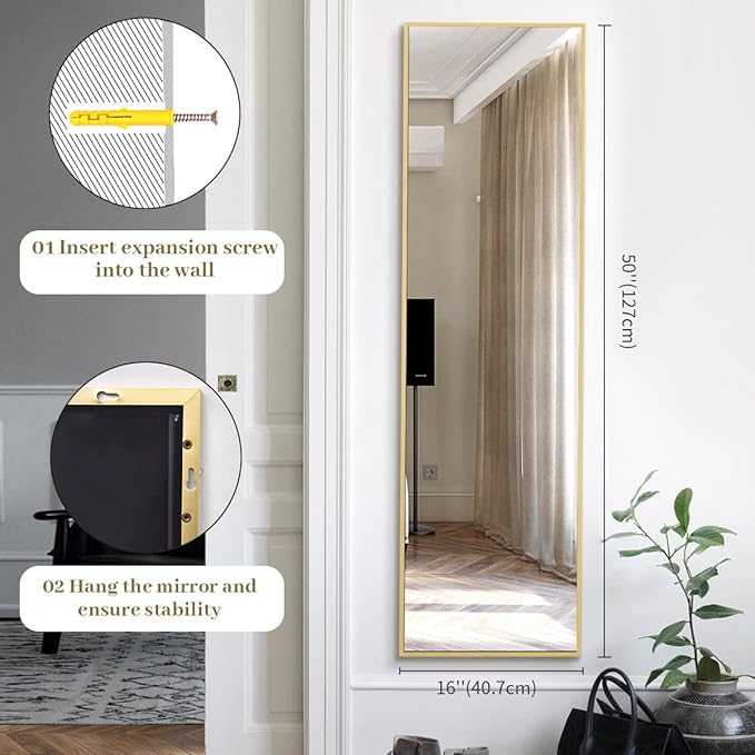 BEAUTYPEAK 16" x 50" Adjustable Height Over The Door Mirror, Full Length Hanging Door Mirror with Shatterproof Tempered Glass Aluminum Alloy Frame for Bedroom, Living Room, Bathroom, Dorm, Gold