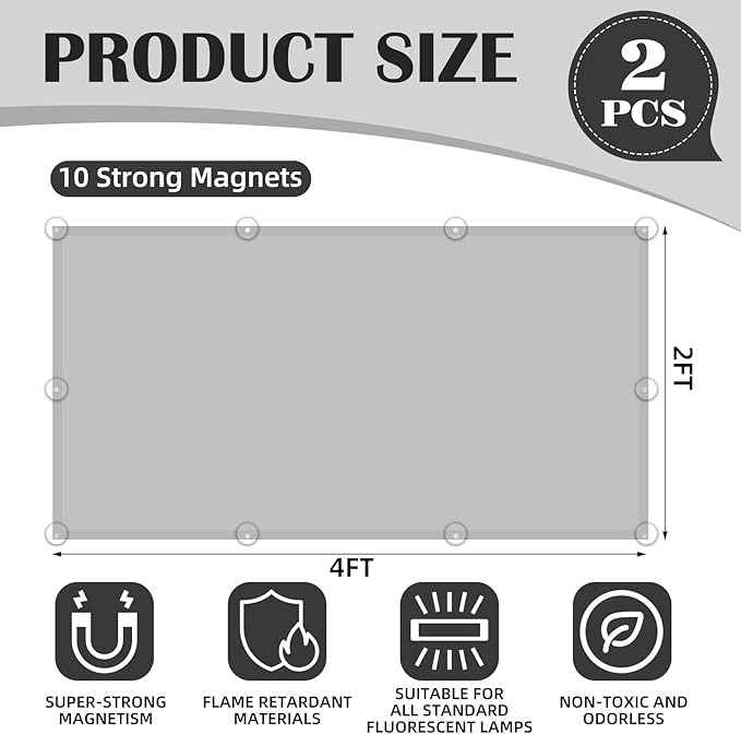 ANGSYLTH 2 Pcs Fluorescent Light Covers - 4 x 2 Feet Covers for Ceiling Lights, Magnetic Light Filters for Classroom, Office, Hospitals, Home