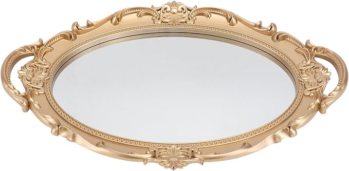 Lurrose Retro European Style Mirror Tray for Jewelry and Perfume Storage Elegant Decorative Oval Makeup Organizer Plate for Wedding Vanity Home Office Display