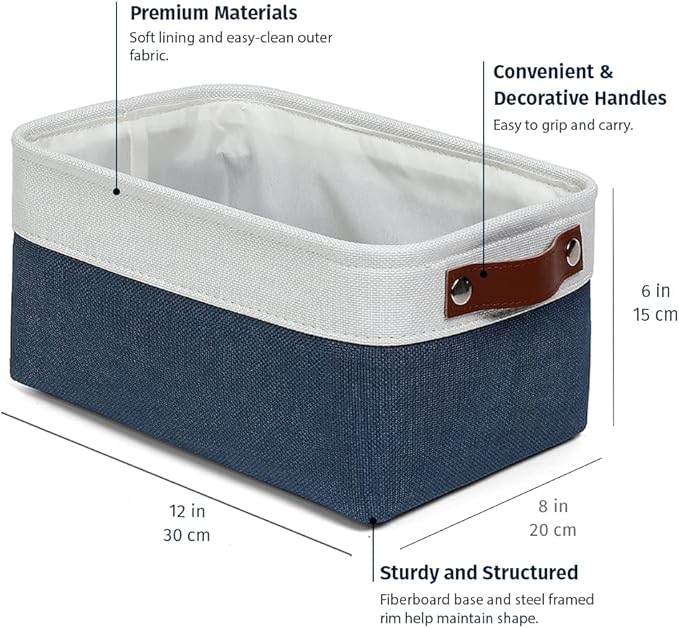OrganiHaus Small Fabric Storage Baskets 3 Pack, 12x8in Cloth Storage Bins for Shelves, Small Baskets for Organizing Pantry Closet, Canvas Shelf Baskets, Navy Blue/Off-White