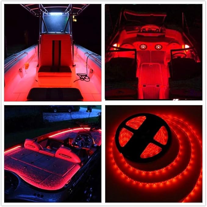 Pontoon Boat LED Strip Lights, 12V 32.8FT Red Waterproof Marine LED Light Boat Interior Light, Boats Deck Hull Gunnel Lights, Night Fishing Lighting for Bass, Jon, No Battery