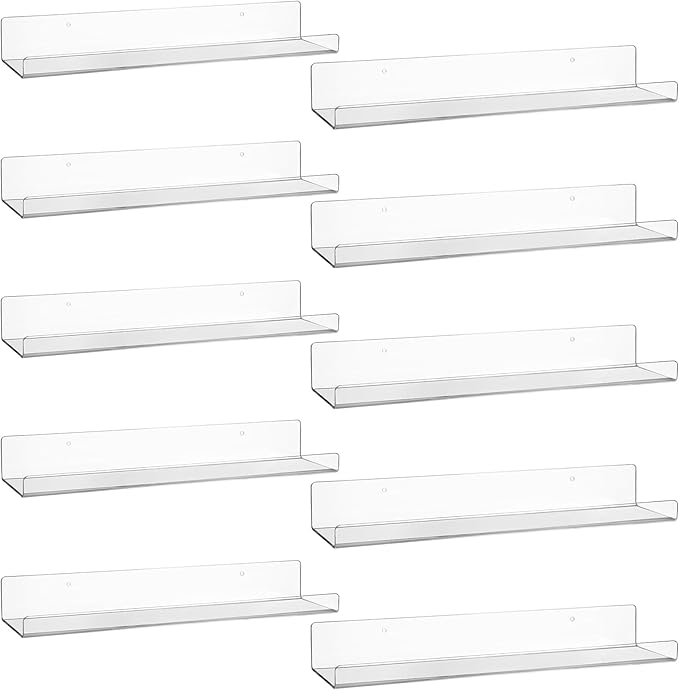 AMEITECH Clear Acrylic Wall Display Shelves 10 Pack, 15 Inch Acrylic Shelf Wall Organizer and Storage for Collectibles, Figure, Toy Cars, Perfume, Kids Bookshelf