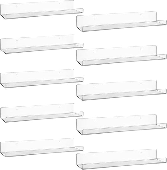 AMEITECH Clear Acrylic Wall Display Shelves 10 Pack, 15 Inch Acrylic Shelf Wall Organizer and Storage for Collectibles, Figure, Toy Cars, Perfume, Kids Bookshelf