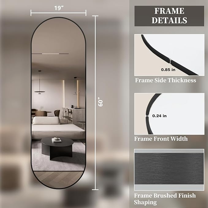Oval Full Length Mirror, 60"×19" Wall-Mounted Mirror with Metal Frame, Ultra-Clear Explosion-Proof, Simple and Classic Deco for Cloakroom/Bedroom/Living Room, Black