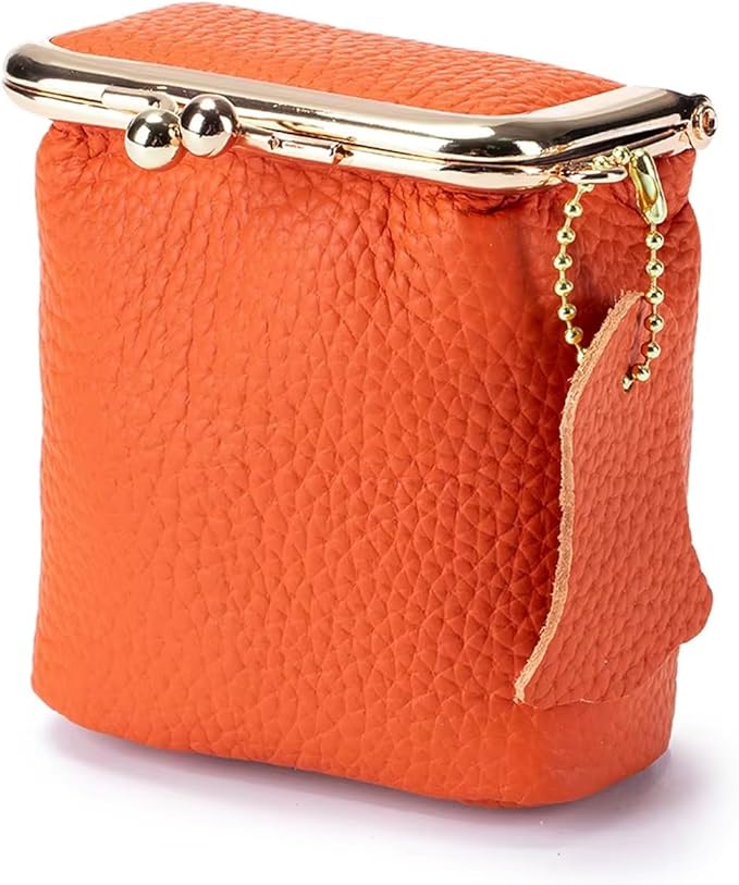 Genuine Leather Mini Jewelry Box for Women, Square Coin Purse with Kiss Lock, Makeup Cosmetic Bag Organizer Travel Case (Large, Orange)