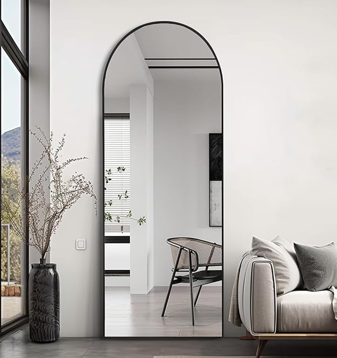 Arched Full Length Mirror, 64 "x 21" Floor Mirror with Stand, Full Body Mirrors with Aluminum Alloy Frame, Freestanding, Wall-Mounted or Leaning (Black)