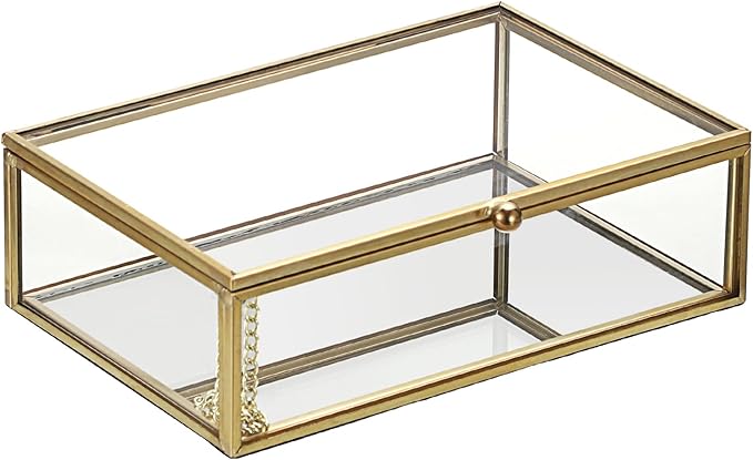 Glass Vatage Glass Box Gold Mirror Jewelry Box Lidded Keepsake Boxes Trinket Case for Ring Earring Storage Decorative Jewelry Organizer for Dresser Bathroom Office, 6.3x 4.3x 2 Inch