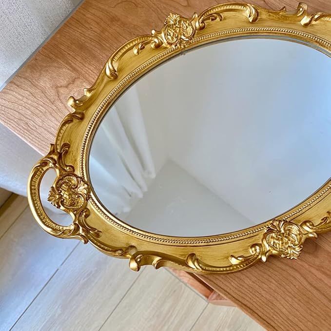 Schones Geschaft Decorative Mirror Tray, Makeup Jewelry Perfume Organizer，Vintage Oval Display and Serving Tray for Bedroom Living-Room Dresser Decor (14.6”x 9.8”) (Golden - Oval)