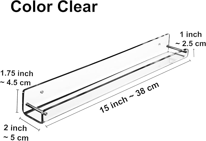 AMT 3 Pack Acrylic Floating Shelves, 15 L x 1.8 W, Clear Bathroom Wall Shelf, Bookshelves, Invisible Display for Office, Bedroom, Small Gap Allows Water to Escape, Free Screws & Drill Bit (Small)