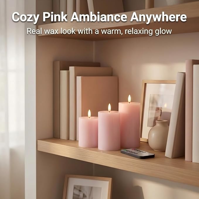 Pink Flameless Candles with Remote and Timer, Real Wax LED Pillar Candles for Living Room Decor, Battery Operated Fake Candles for Bedroom Bathroom Shelf Wedding Home Decor Valentines Day Decorations