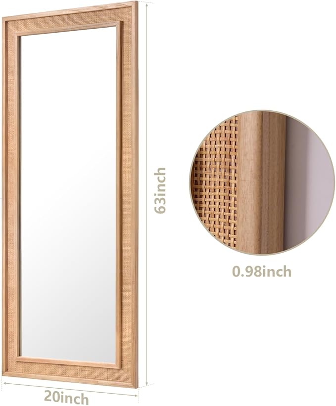 Rattan Full Length Mirror,20"x63" Long Rattan Wall Mirror,Wooden Mirror with Wicker Frame,Decorative Full Body Mirror Hanging,Farmhouse Rectangle Floor Mirror for Bathroom Living Dressing Room Nature