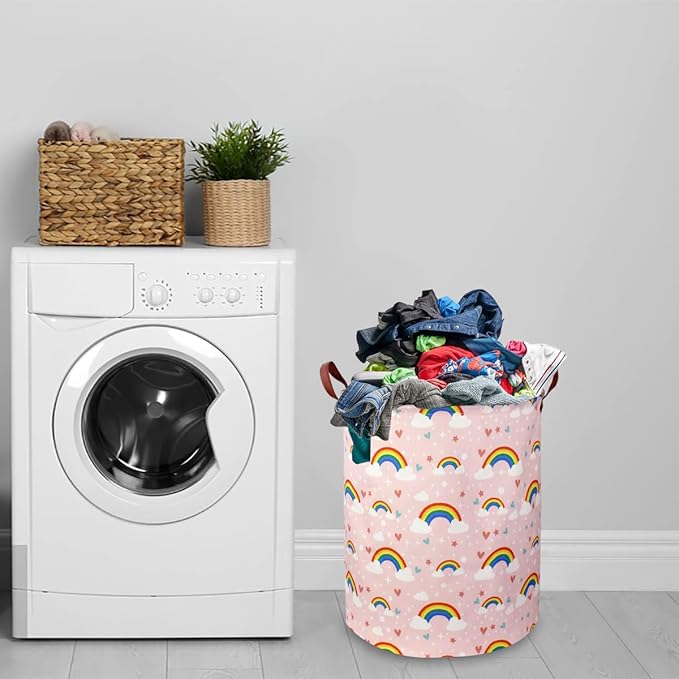 NTAOHAMPER Pink Rainbow Laundry Hamper,Baby Nursery Hamper,Kids Toy Storage Basket for Girls Bedroom,Gift Basket,Room Decor(Rainbow)