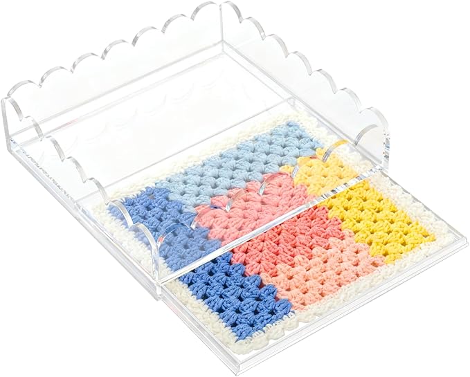 Scalloped Acrylic Tray, 9" x 9" Clear Acrylic Tray with Drawer for Insert Needlepoint,Art, Customizable Photos,Fabric,Messages Display Basket,Decorative Tray Gift for Home Office