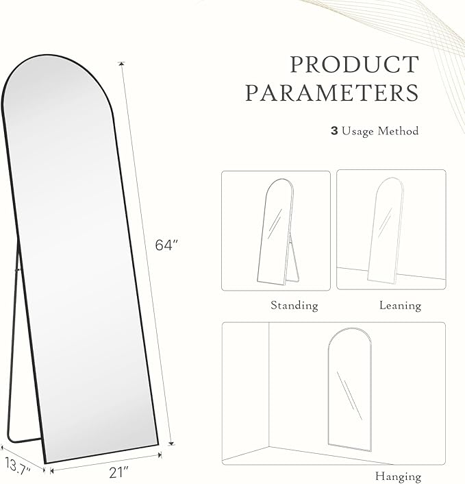 Mirror Full Length, Upgraded Body Wall Mirrors with Shatter-Proof Glass, Floor Standing, Hanging or Leaning, Tall Mirror with Stand Aluminum Alloy Frame for Bedroom