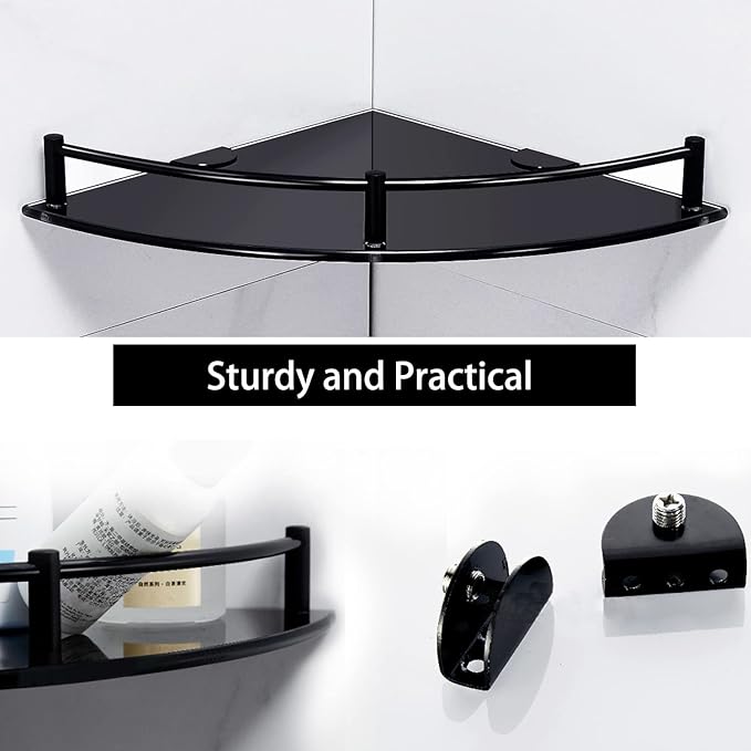 Bathroom Corner Shower Caddy, 9.5" Tempered Glass Bathroom Shelves for Wall Mounted, 2 Tier Glass Shower Caddy Organizer and Storage, Clear Corner Shelf wtih Black Rustproof Rail