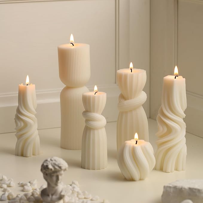 Threlaco 6 Pcs Pillar Candles Decorative Modern Aesthetic Ribbed Candle Set Cute Soy Wax Scented Ribbed Decor Commemorative Gift for Home Decoration(White, 2.36-6.89 Inch)